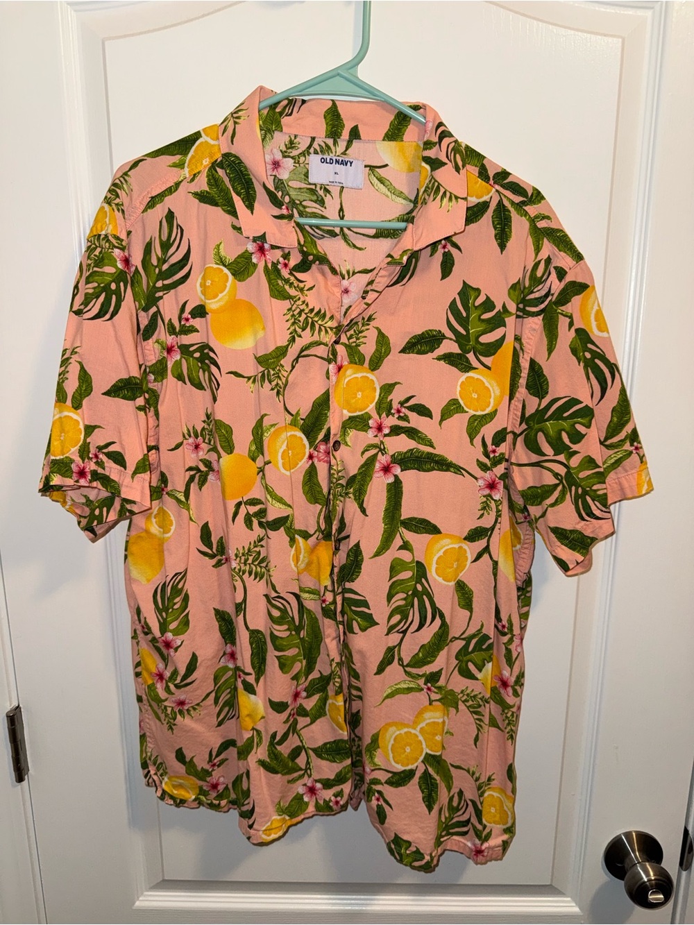 Old Navy Pink Short-Sleeve Lemon & Palm Print Camp Shirt